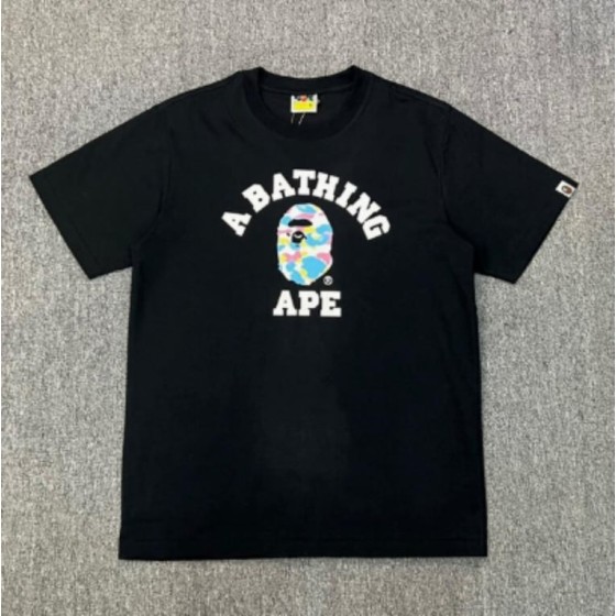 Black BAPE College T-Shirt with Multicolor Camo Ape Head